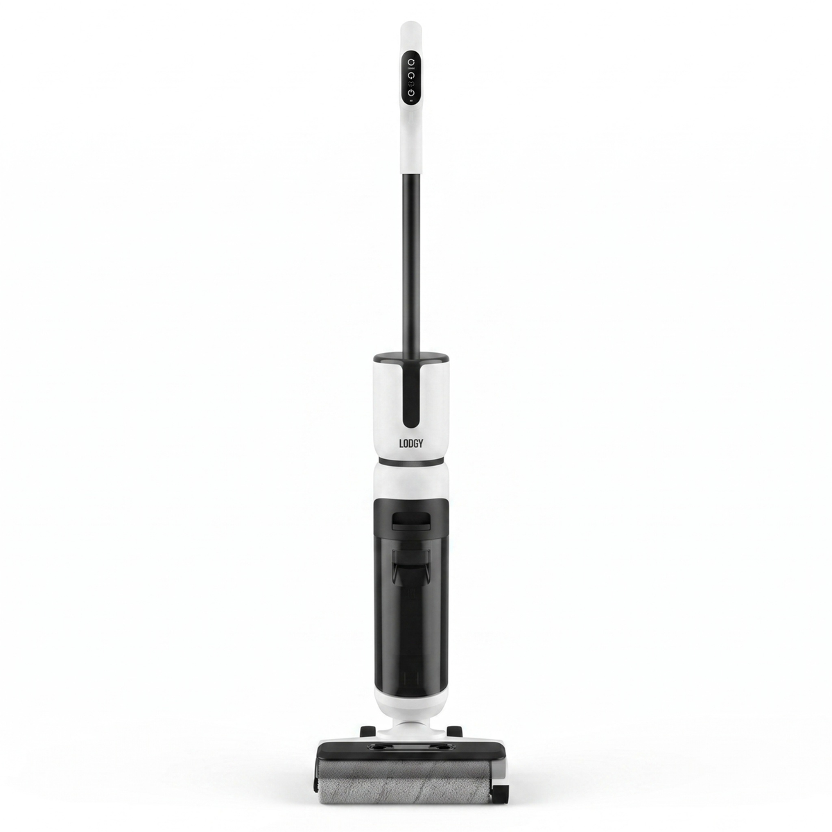 Lodgy OneSweep X1 elektrische dweil, wit met zwart, rechtop op een witte achtergrond