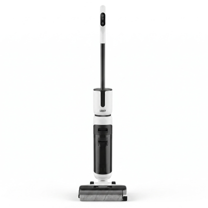 Lodgy OneSweep X1 elektrische dweil, wit met zwart, rechtop op een witte achtergrond