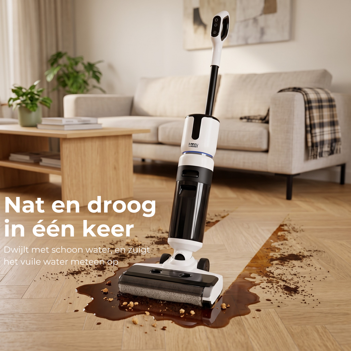 Lodgy OneSweep X1 dweilt met schoon water en zuigt het vuile water in dezelfde beweging weer op