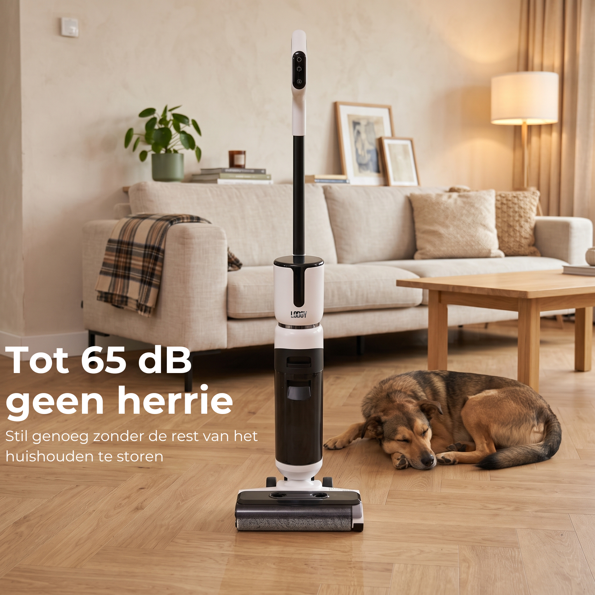 Lodgy OneSweep X1 in een rustige woonkamer, met een slapende hond op de vloer