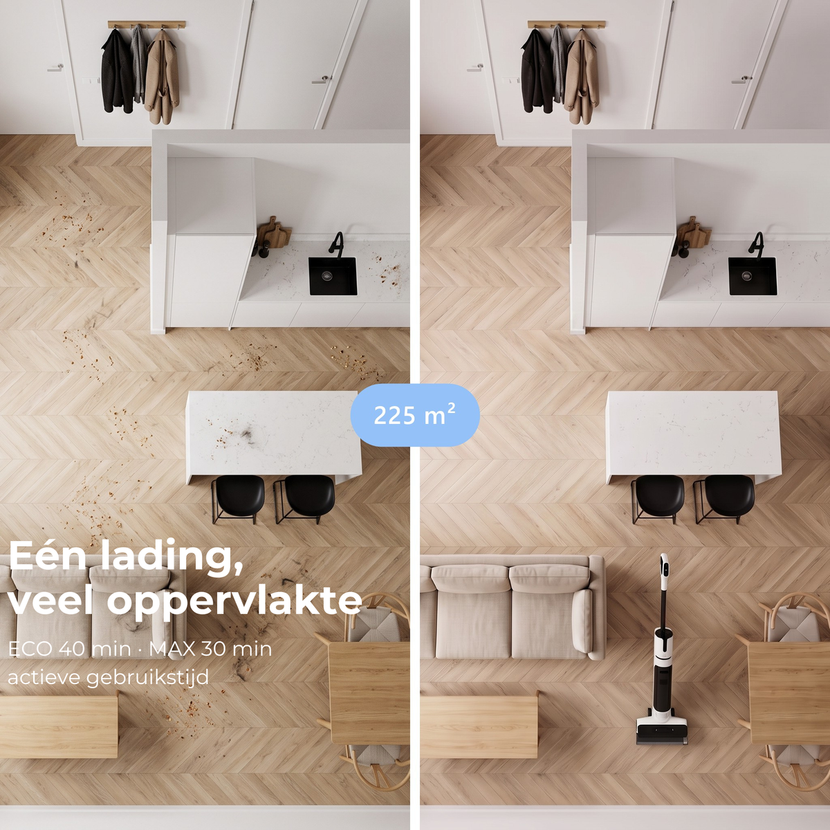 Plattegrond van een woning van 225 m², voor en na het schoonmaken met de Lodgy OneSweep X1 op één acculading