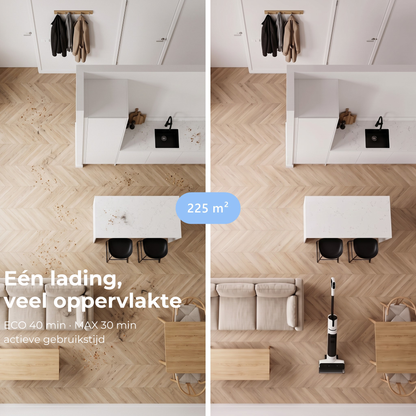 Plattegrond van een woning van 225 m², voor en na het schoonmaken met de Lodgy OneSweep X1 op één acculading