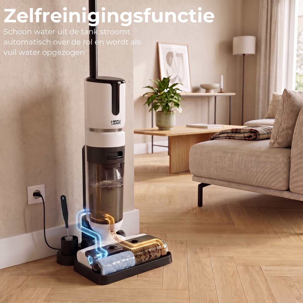 Zelfreinigingsfunctie van de Lodgy OneSweep X1 in het laadstation, schoon water spoelt de borstelrol