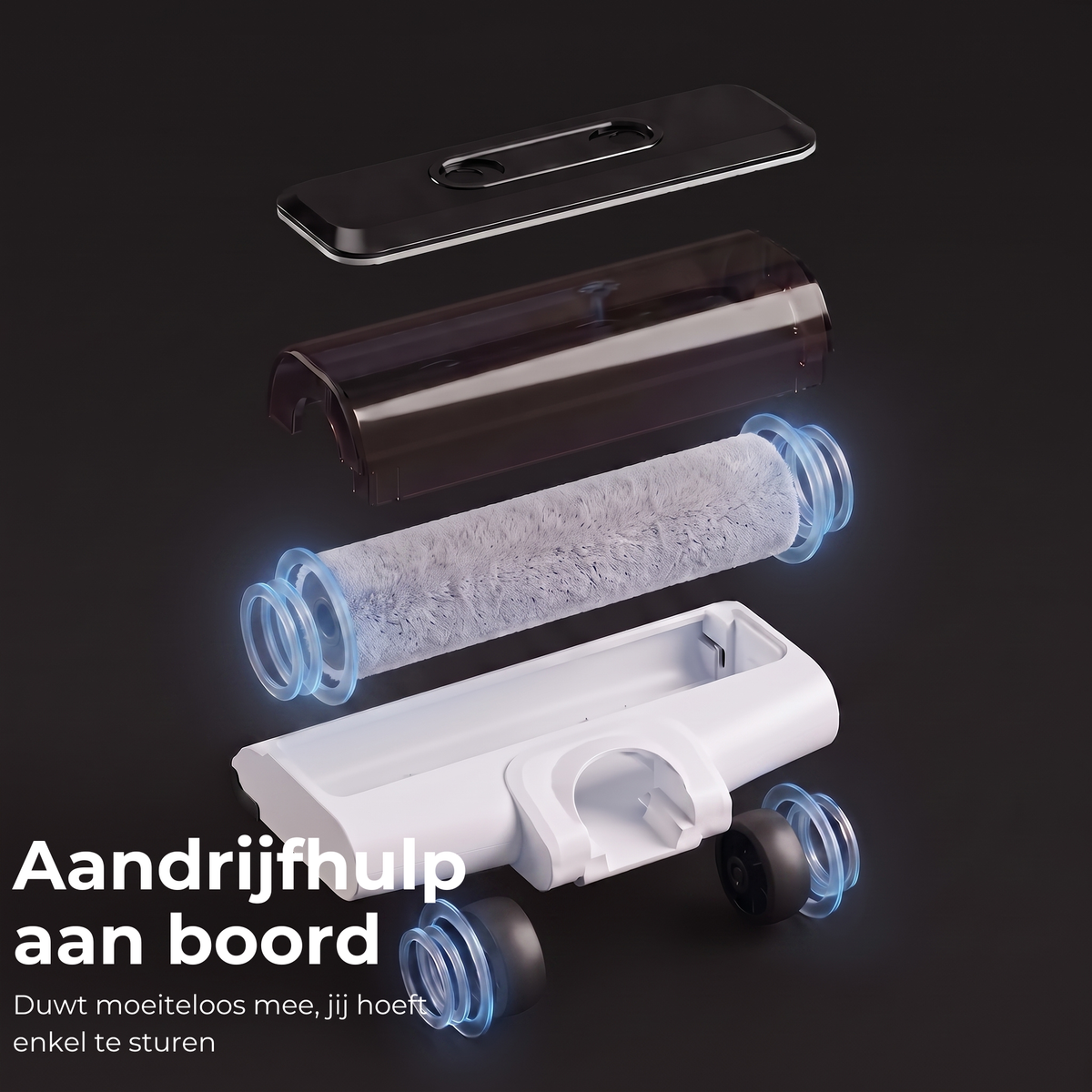 Uiteengelegde weergave van de Lodgy OneSweep X1 met de aangedreven borstelrol