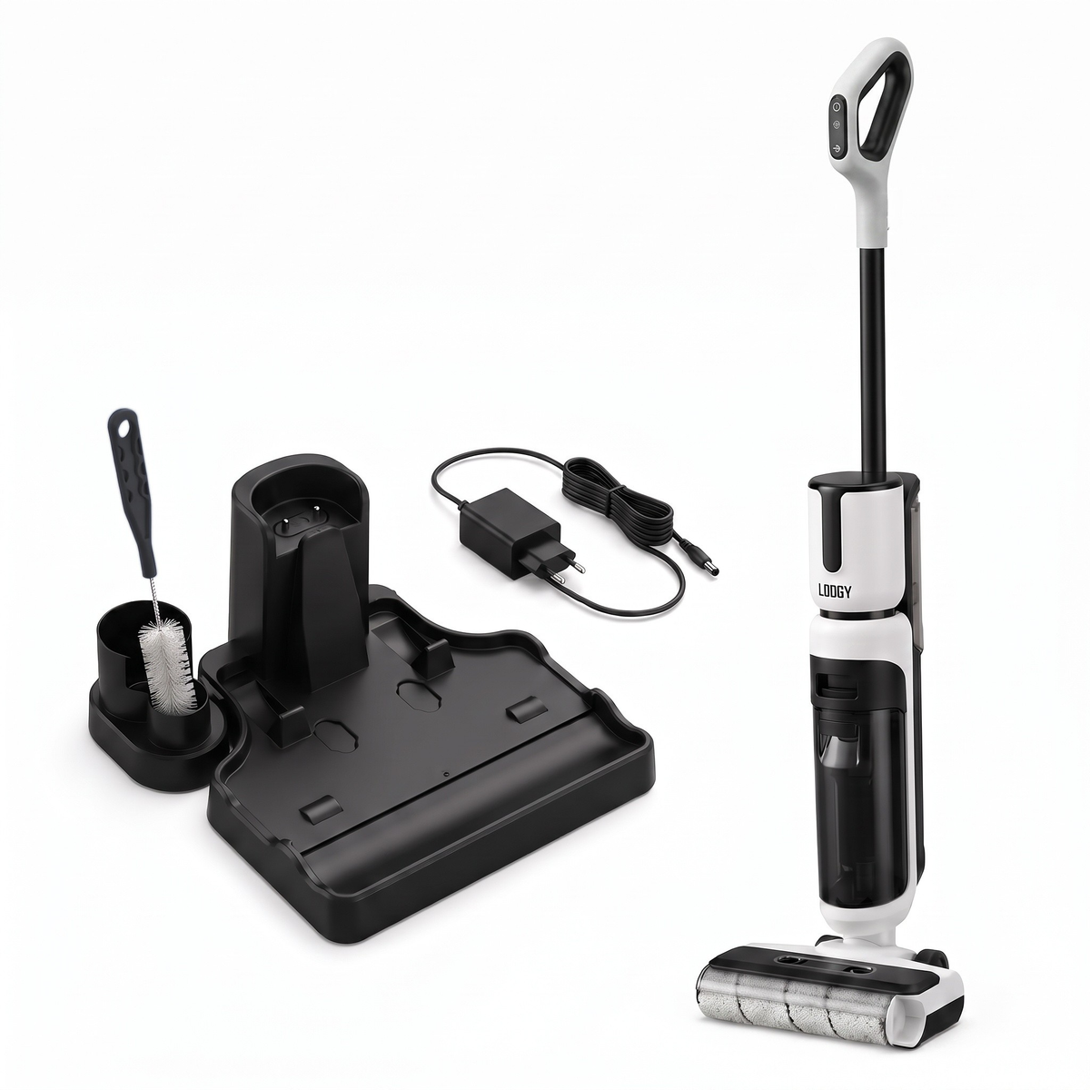 Inhoud van de doos: Lodgy OneSweep X1, laadstation, oplader en reinigingsborsteltje