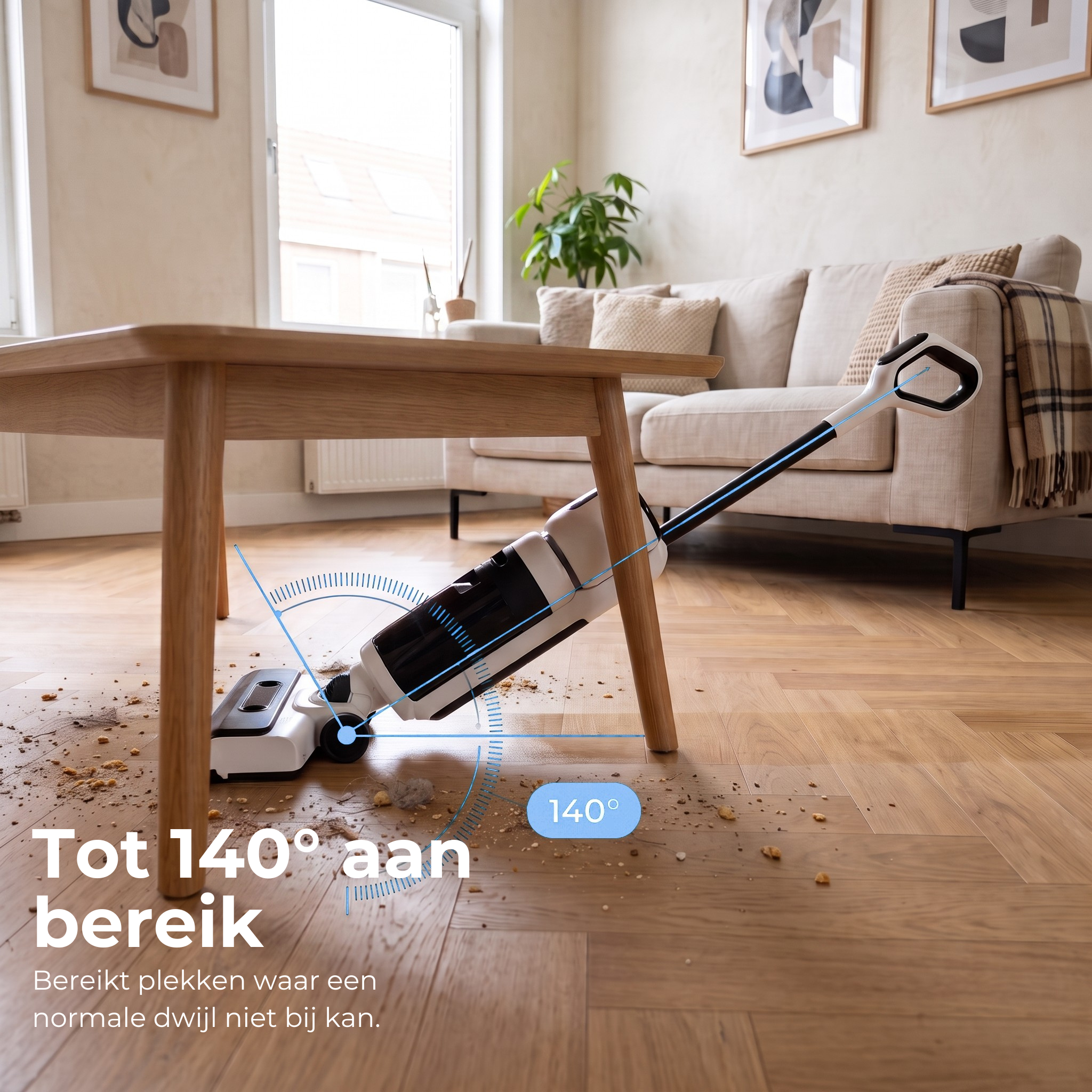 Lodgy OneSweep X1 gekanteld tot 140° om onder een houten tafel te reinigen